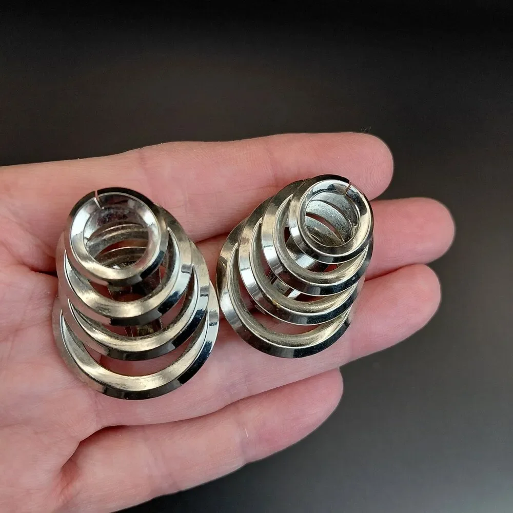 Vintage Space Age Chrome Clip On Earrings 1980s Geometric Concentric Spiral